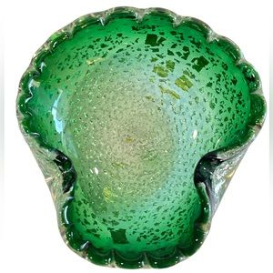 Vintage Mid Century Murano Glass Art Glass Ashtray Clamshell Italian Green